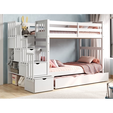 Bedz King Tall Stairway Bunk Beds Twin over Twin with 4 Drawers in the Steps and a Twin Trundle, White