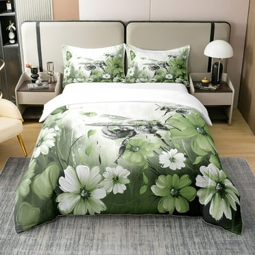 Bee 100% Cotton Duvet Cover Twin Size, Florals 3D Animals Printed Bedroom Decor Bedding Set, White Green Insects Butterflies Comforter Cover, Wildlife Teens Quilt Cover (No Comforter)