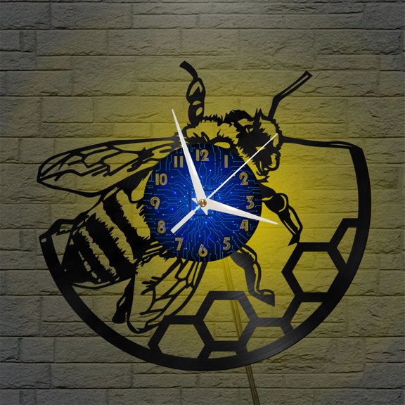 Bee 12 Inch Vinyl Record Wall Clock - Silent, Creative, and Unique Clock for Living Room, Entryway, or Bedroom Decor - Perfect Gift Idea(12 inchs B with LED)