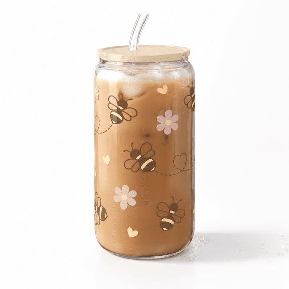 Bee 16oz Glass Tumbler with Lid and Straw, Iced Coffee Cup for Everyday Use