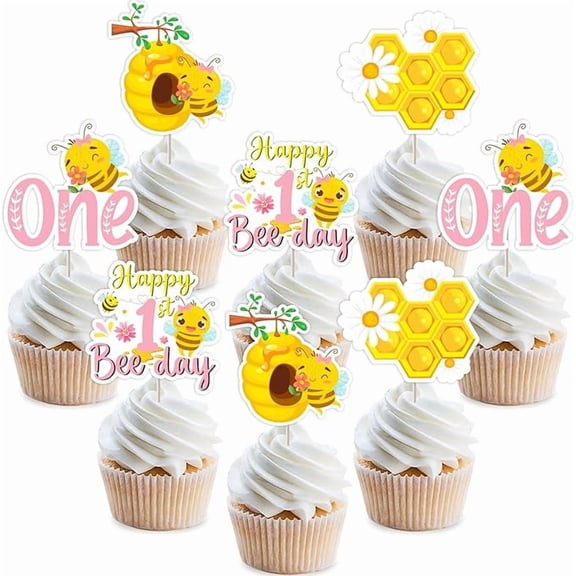 Bee 1st Birthday Party Decorations - 36PCS Bee Cupcake Toppers, Pink 1st Bee Day Party Decorations for Girls, Happy Bumble Bee Day Party Decorations, So Sweet to Bee One Party Decorations