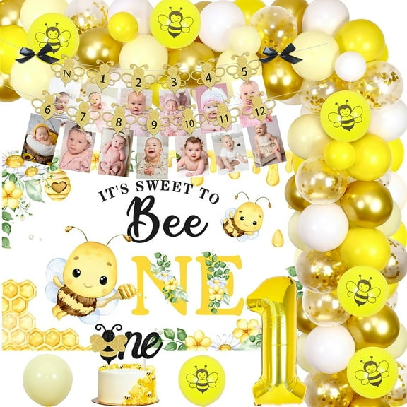 Bee 1st Birthday Party Decorations Its Sweet To Bee One Balloon Garland Arch Kit with Backdrop Bumble Bee Photo Banner Honey Bee Cake Topper for First Birthday Party Supplies