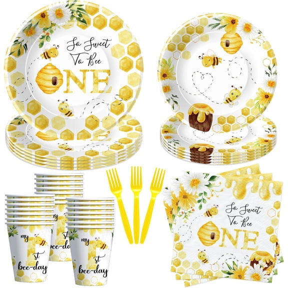 Bee 1st Birthday Party Supplies - Bumble Theme First Bee Day Birthday Decorations Dinnerware, Paper Plates, Cups, Napkins, Tableware Party Forks | Serve 24
