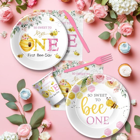Bee 1st Birthday Party Supplies for Girls, Pink Floral So Sweet First Bee Day Bumblebee Birthday Decorations Tableware, Paper Plate, Cup, Napkin, Disposable Cutlery, Tablecloth, 24 Guests
