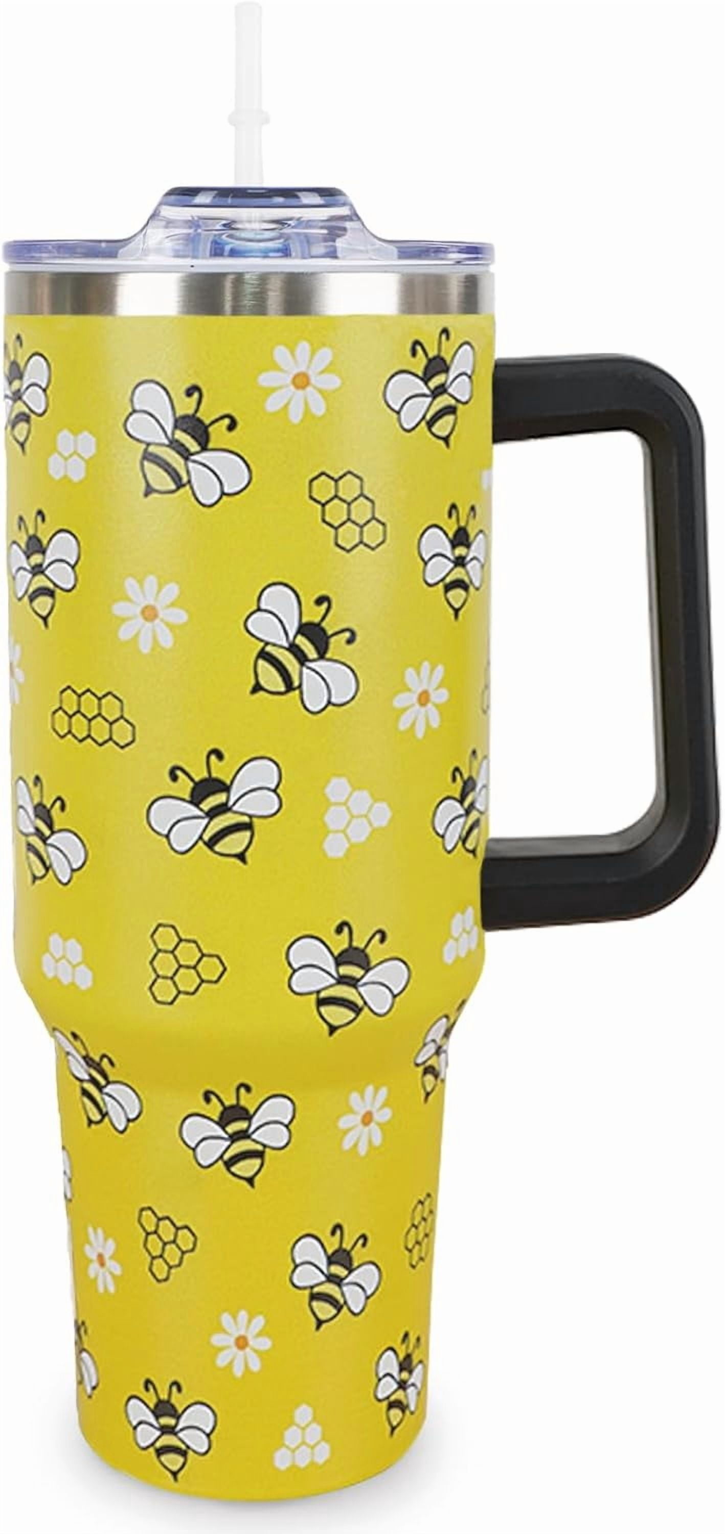 Bee 40 Oz Tumbler With Handle and Straw - Yellow Cup Water Bottle Drinking Glass, Gifts for Women Girls Bee Lovers, Accessories Stuff for Christmas Birthday