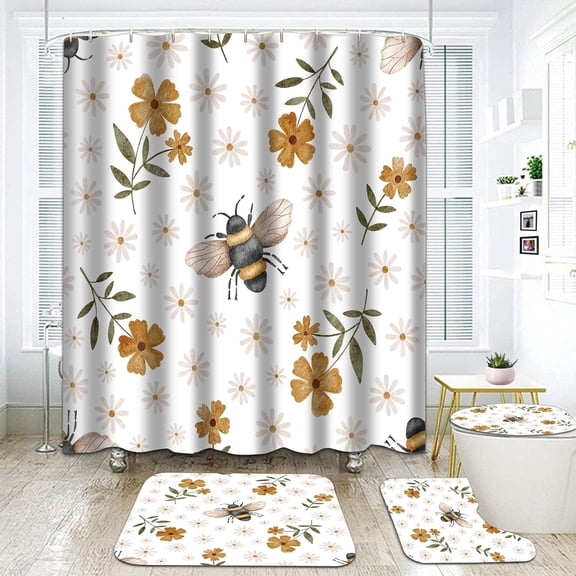 Bee 4PCS Shower Curtain Set-Bumble Floral Bathroom Sets Accessories with Non-slip Rug,Toilet Lid Cover,Bath Mat,12 Hooks-72x72in-Sketch Bees Waterproof Curtains-Home Decor Teen Adults Gifts