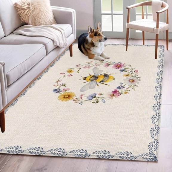 Bee 4x6 Area Rugs for Living Room, Retro Insects Yellow Floral Wreath Pastoral Linen Texture Country Non Slip Floor Mat Washable Low-Profile Indoor Carpet for Bedroom, Dining Room, Bathroom