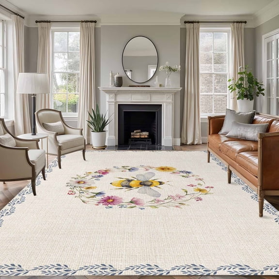 Bee 8x10 Area Rugs for Living Room, Retro Insects Yellow Floral Wreath Pastoral Linen Texture Country Non Slip Floor Mat Washable Low-Profile Indoor Carpet for Bedroom, Dining Room, Bathroom