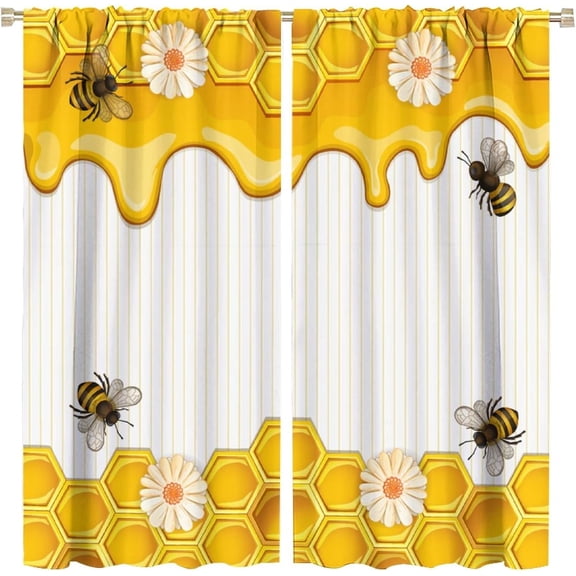 Bee Animal Curtains Vintage Rustic Daisy Geometric Hexagonal Honeycomb Yellow Art Print for Bedroom Living Room Decor Rod Pocket Blackout Window Drape 42x54in