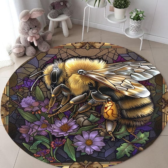 Bee Animal Round Area Rug, daisy floral circle carpet for living room, kids room or laundry area, soft washable non-slip floor mat, charming springtime home décor accent