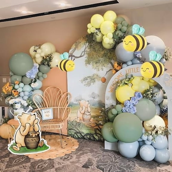 Bee Baby Shower for Boy Balloon Arch with Bee Foil Balloons 113 Pcs 18" 12" 10" Balloon Garland with Sage Green, Baby Blue, Honey Yellow & Sand White Arch for Bear Theme Party Decorations