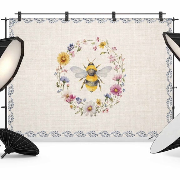 Bee Backdrop for Photography, Retro Insects Yellow Floral Wreath Pastoral Linen Texture Country Photo Backdrop Portrait Background Party Banner Photo Backgrounds for Studio Booth Props, 7x5ft