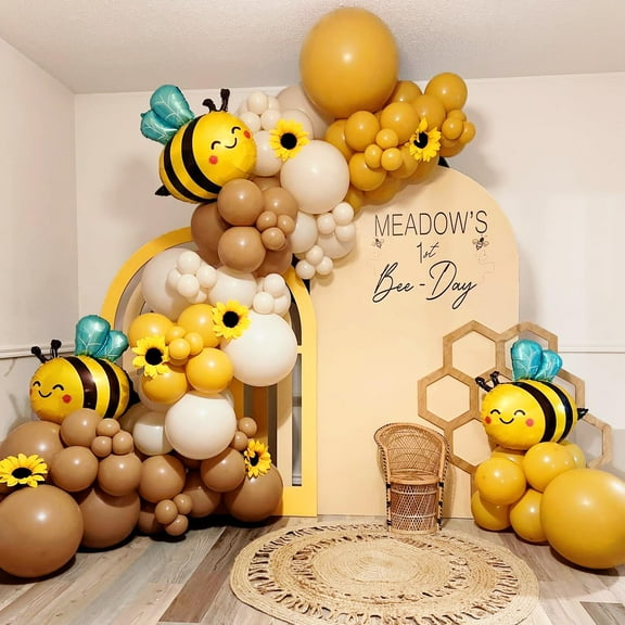 Bee Balloons Arch Kit Mustard Yellow KKS1Sand White Brown Bee Balloons for Bee Baby Shower Party Decorations, Gender Reveal Mama to Bee Party Fall Wedding Birthday Party Supplies