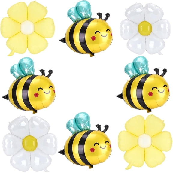 Bee Balloons and Daisy Flower Balloons 8 Pcs Yellow and Black Bumble bee Foil balloons for Baby Shower, Bee Themed Birthday Party Decorations