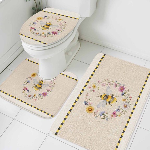 Bee Bathroom Rugs Set Insects Yellow Floral Wreath Pastoral Linen Texture Country Non Slip Absorbent Soft Bath Mats 3 Piece Set with Bathroom Rug, U-Shaped Floor Mat, Toilet Seat Cover Small Size