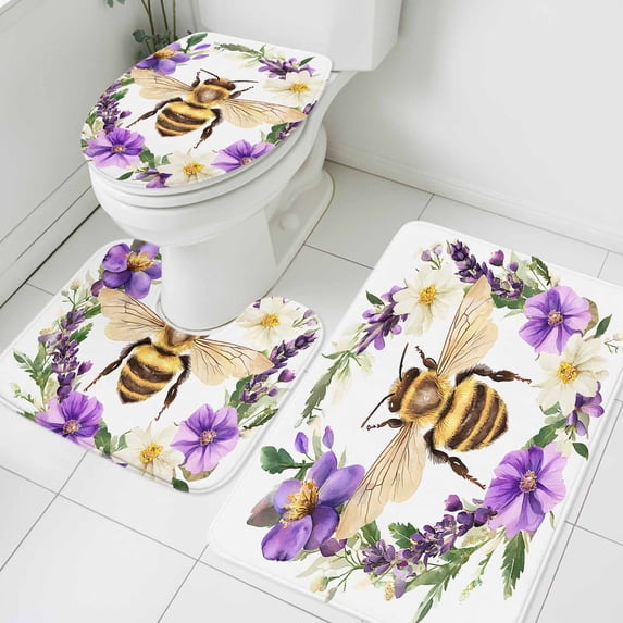 Bee Bathroom Rugs Set Purple Flower Wreath Non Slip Absorbent Soft Bath Mats 3 Piece Set with Bathroom Rug, U-Shaped Floor Mat, Toilet Seat Cover Large Size