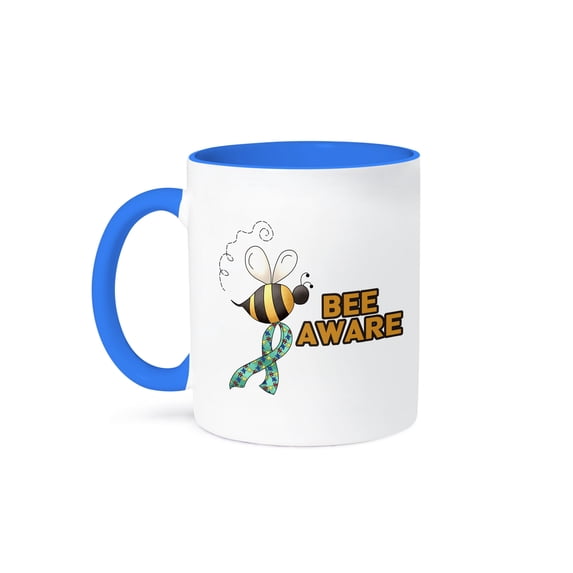 3dRose, Bee Be Aware Autism Awareness Ribbon Cause Design, 15oz Two-Tone Blue Mug