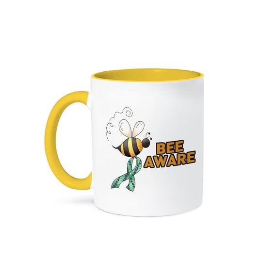 3dRose, Bee Be Aware Autism Awareness Ribbon Cause Design, 15oz Two-Tone Yellow Mug
