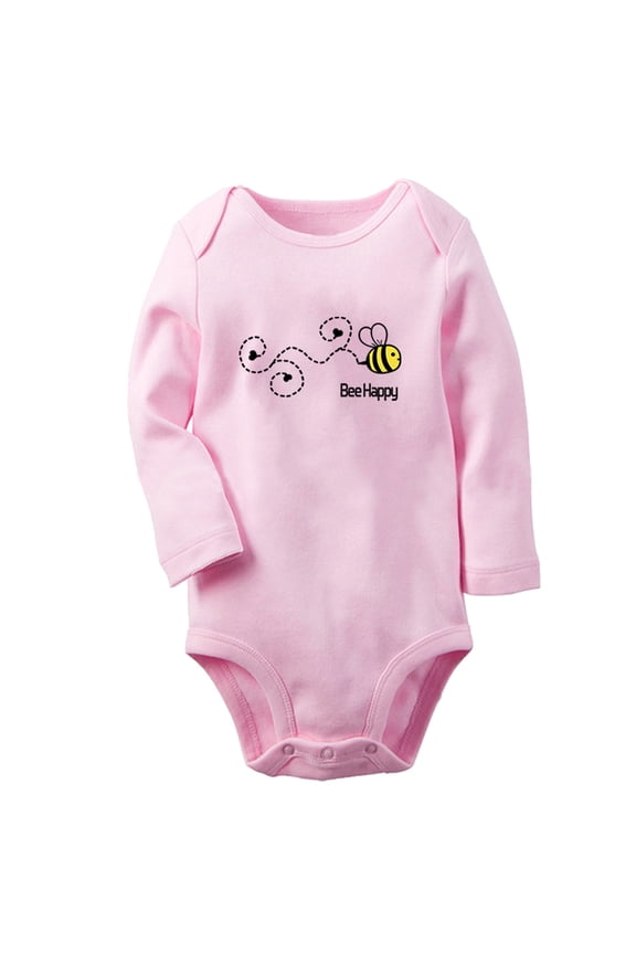 Bee Be Happy Funny Rompers, Newborn Baby Unisex Bodysuits, Infant Jumpsuits, Toddler 0-12 Months Kids Long Sleeves Oufits (Pink, 6-12 Months)
