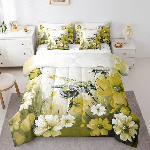 Bee Bed in a Bag Queen Comforter Set 7 Piece Daisy Flowers Bedding Sets,Yellow Ombre Oil Painting Floral Sheet Set with Comforter Graffiti Art Honeybee Butterfly Bohemian Decor