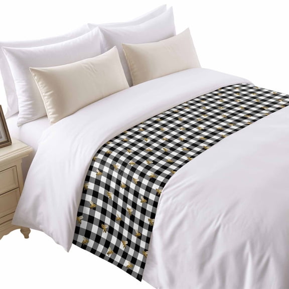 Bee Bed Runner for Twin Size Bed, Country Bees Black White Buffalo Plaid Checkered Farmhouse Soft Bedding Scarf Bedding Protector Slipcover Sofa Throw for Bedroom Hotel Guesthouse