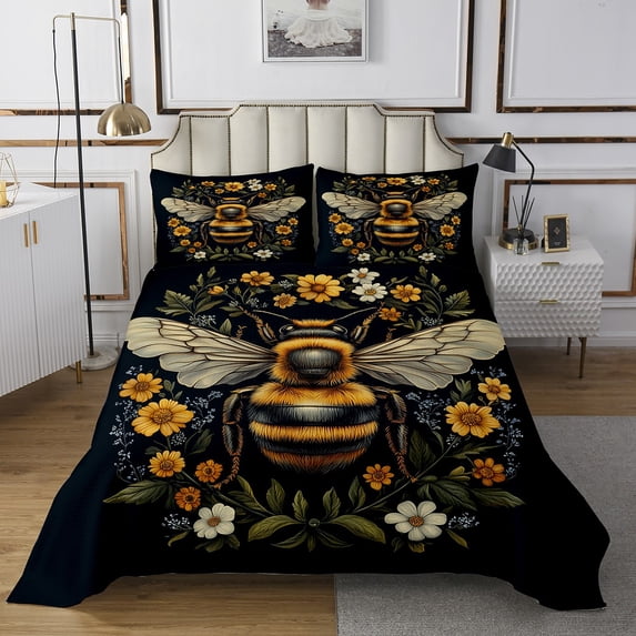 Bee Bedding Sets Twin Size,Daisy Floral Bedspread 2Pcs Teens Room Decor,Animals Plants Comforter Set Bohemian Hippie Style Coverlet Quilt,1 Pillowcase