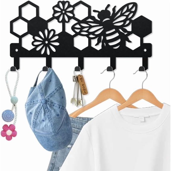 Bee Beehive Metal Key Hook Honey Bee Flowers Coat Rack Wall Mounted 9.84.7inch Honeycomb Insect Black Art Key Holder with 5 Hooks for Gift Kitchen Bathroom Clothes Storage
