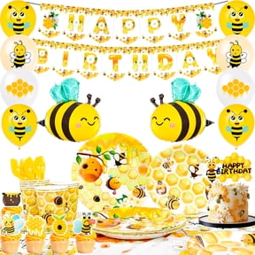 Bee Birthday Decorations,113 Pcs Bee Party Decorations and Tableware Set- Bee Party Plates Cups Napkins Tablecloth & Happy Birthday Bee Banner Balloons Cake Toppers etc Bee Birthday Party Decorations
