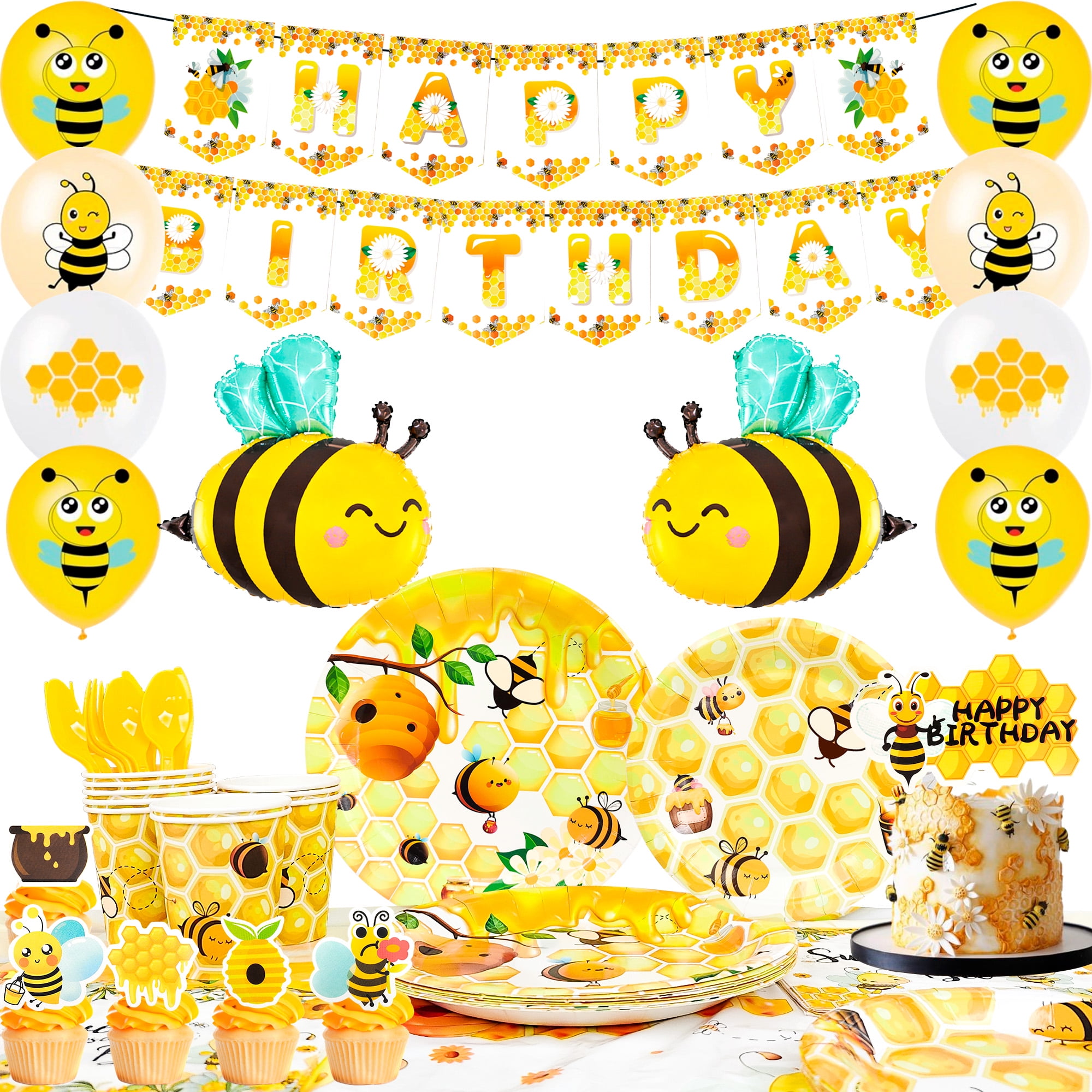 Bee Birthday Decorations,113pcs Bee Party Decorations & Bee Tableware Set- Bee Cups Plate Napkins & Bee  Birthday Banner Balloons Cupcake Toppers etc Bee  Birthday Party Supplies