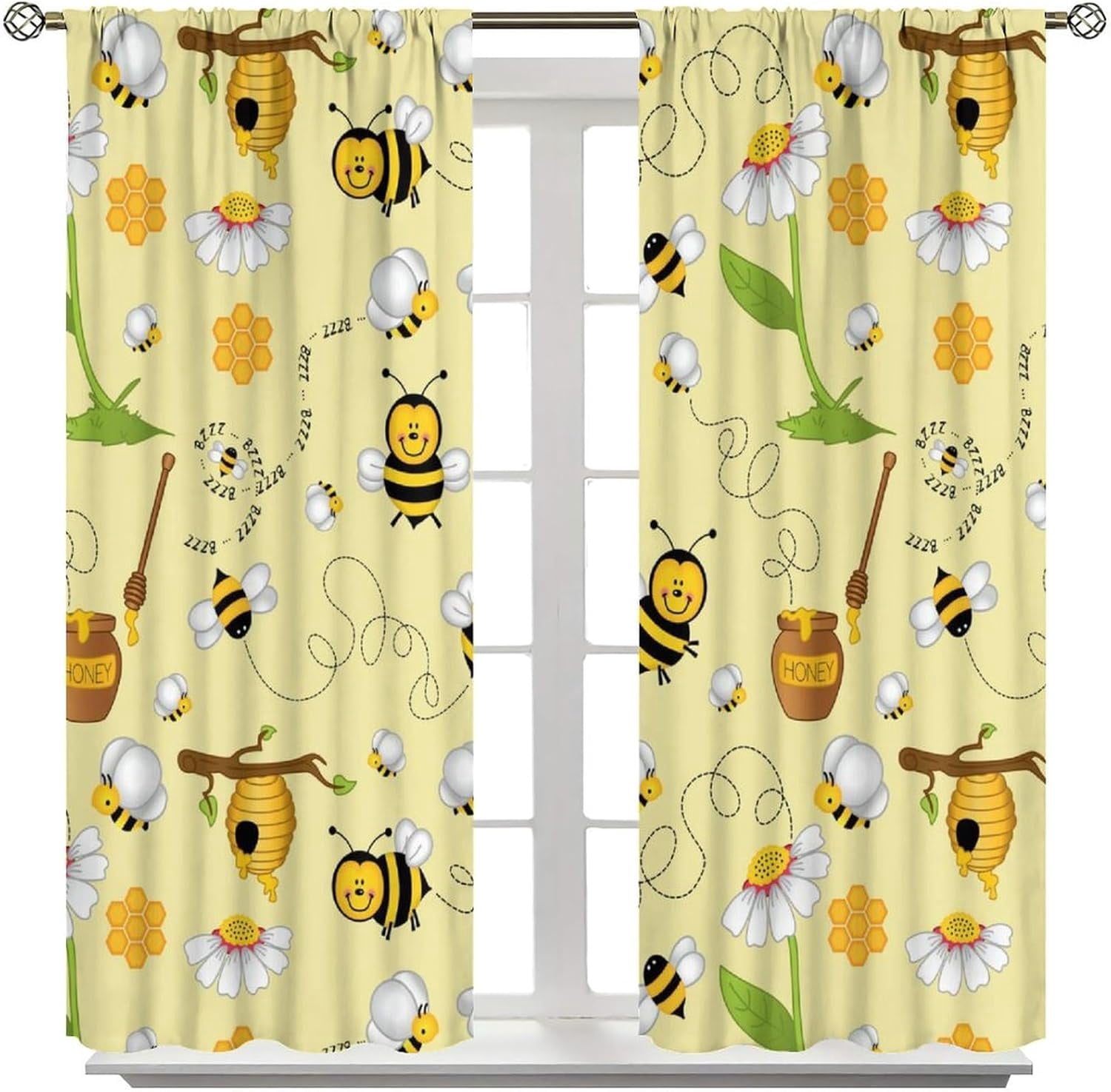 Bee Blackout Curtains Cartoon Flying Bees Daisy Honey Chamomile Flowers Spring Animal Print Living Room Bedroom Cafe Heat Insulation Privacy Curtains 55x63 Inch