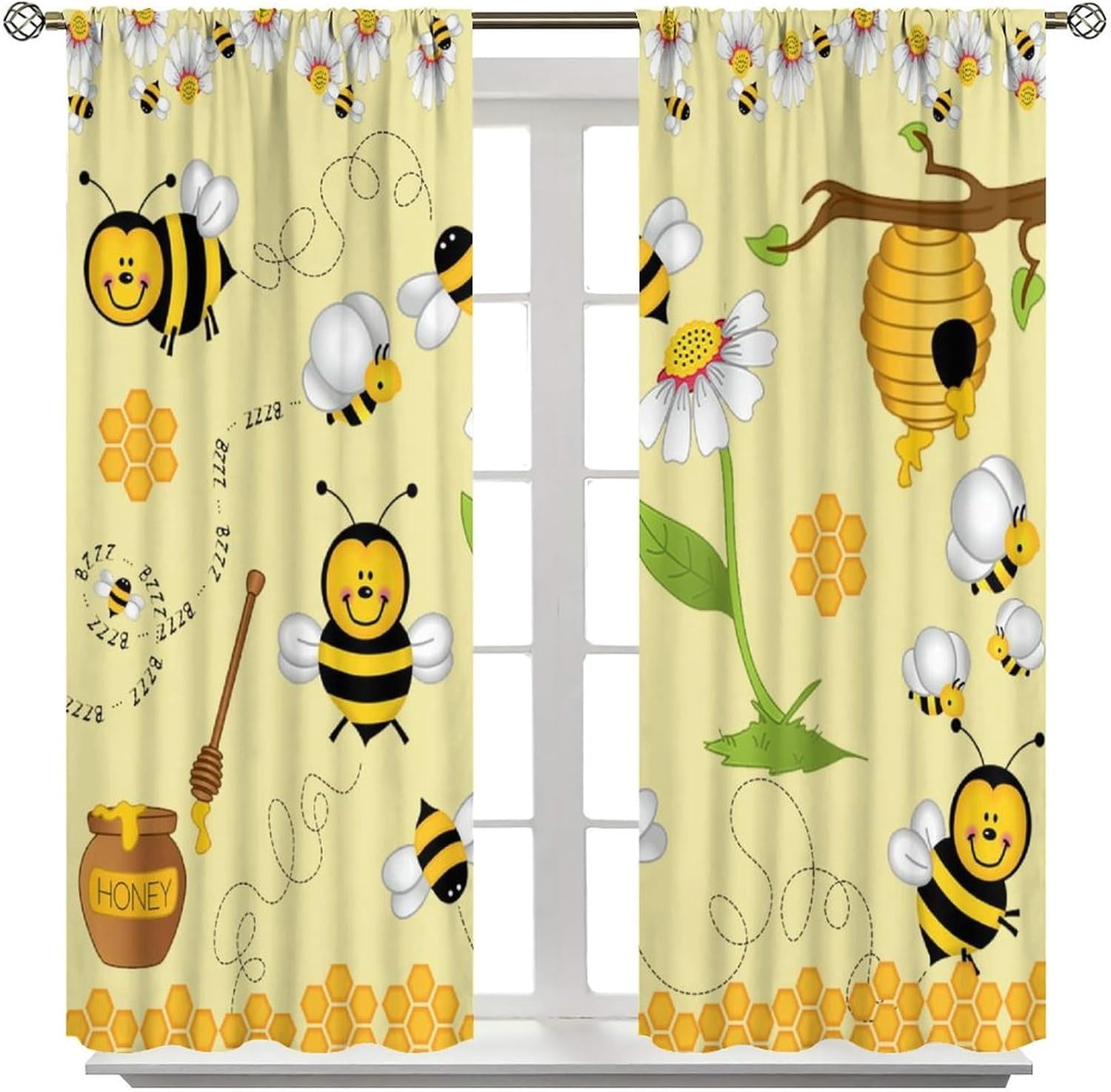 Bee Blackout Curtains Cartoon Flying Bees Daisy Honey Chamomile Flowers Spring Animal Print Living Room Bedroom Cafe Heat Insulation Privacy Curtains 42x63 Inch