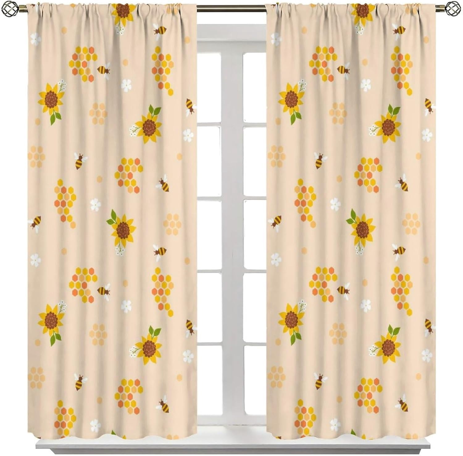 Bee Blackout Curtains Kids Bee Sunflower Honeycomb Pattern Print Living Room Curtains Boys Girls Bedroom Room Decorative Curtains 42x54 Inch