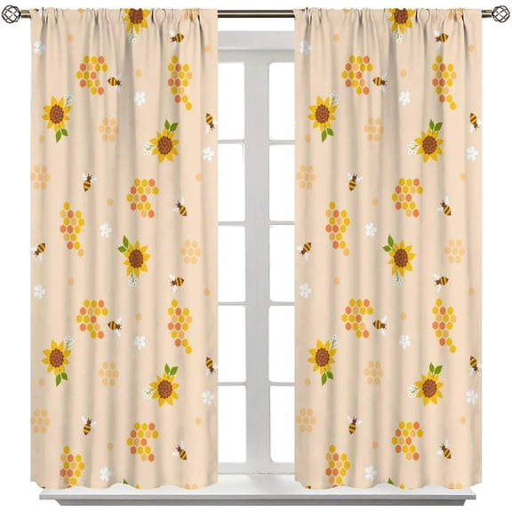 Bee Blackout Curtains Kids Bee Sunflower Honeycomb Pattern Print Living Room Curtains Boys Girls Bedroom Room Decorative Curtains 84x84 Inch