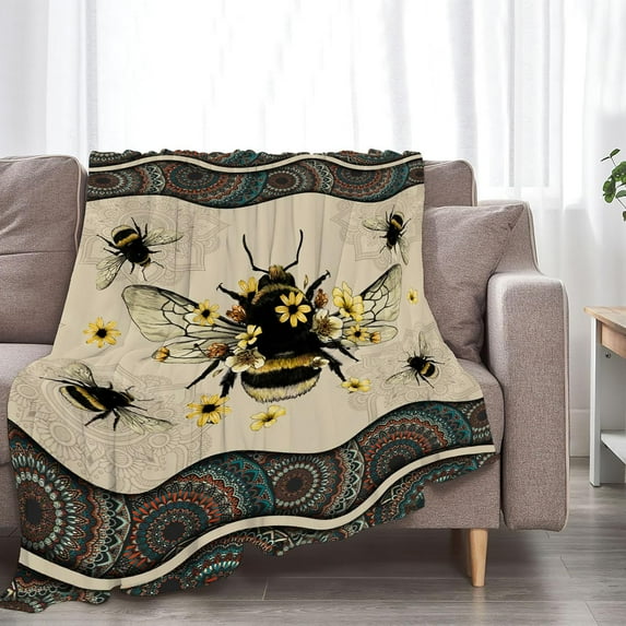 Bee Blanket Bees Sunflower Decor Throw Blanket Super Warm Soft Plush Lightweight Fleece Flannel Winter Bohemia Blanket Gifts for Girls Boys Baby Kids Women Couch Bedding 50"X60"
