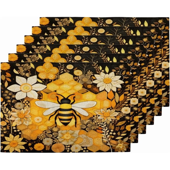 Bee in Bloom Placemats Set of 6, Heat Resistant Table Mats for Dining Kitchen, 12x18 Inch Washable Place mats for Wedding, Birthday, Christmas, Party, Table Decor