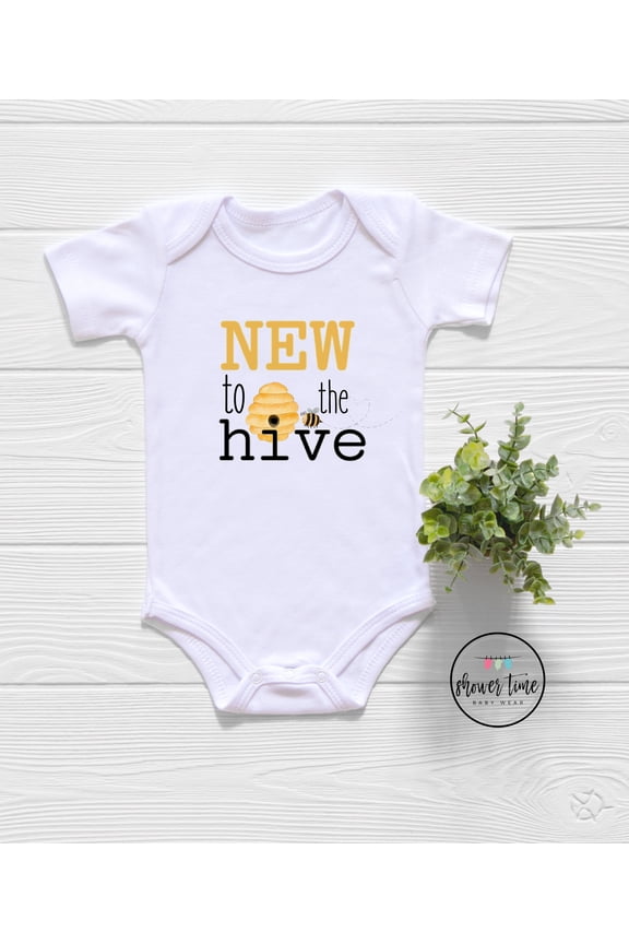 Bee Bodysuit, New To The Hive Bodysuit, New Baby Bodysuit, Bumble Bee Baby Shower Gift, Unisex Baby Clothes, Boho Baby Clothes, Cute Bodysuit Cool Baby Clothing, BABY BODYSUIT LAT 4424