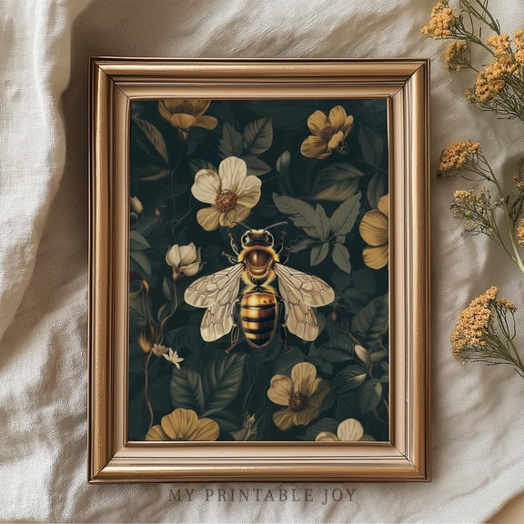 Bee with Botanical Flowers Illustration Poster, Vintage Nature Wall Art, Floral , Neutral Cottagecore Decor, Rustic Insect Artwork 335, Size 8x12 UNFFRAMED F03.1.7l1337