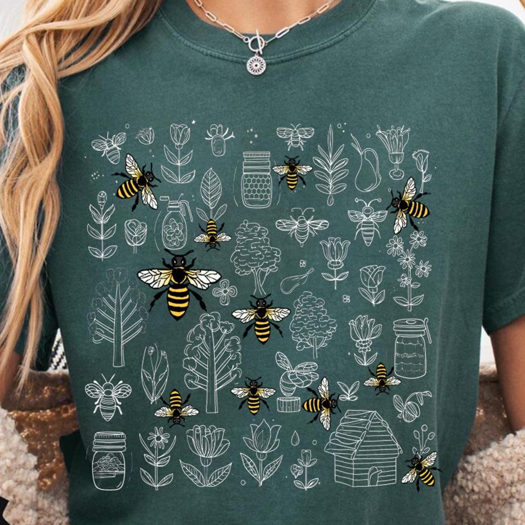 Bee Botanical TShirt Honeycomb Doodle Shirt Unique Honey Bees Shirt Bee ...