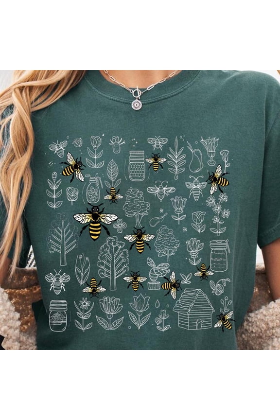 Bee Botanical TShirt Honeycomb Doodle Shirt Unique Honey Bees Shirt Bee Lovers Tee Bumbleb