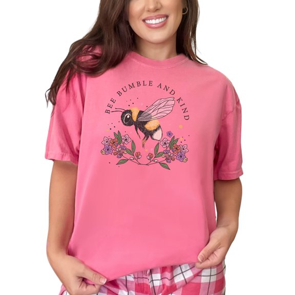 Bee Bumble and Kind Pun Quote with Hand Drawn Flowers Art, Crunchberry Comfort Colors T-Shirt, Small