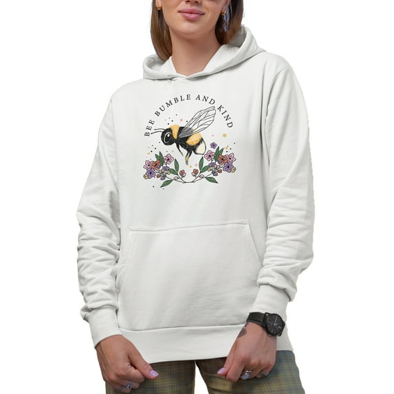 Bee Bumble and Kind Pun Quote with Hand Drawn Flowers Art Merch Gift, White Hooded Sweatshirt or Hoodie, 3XL