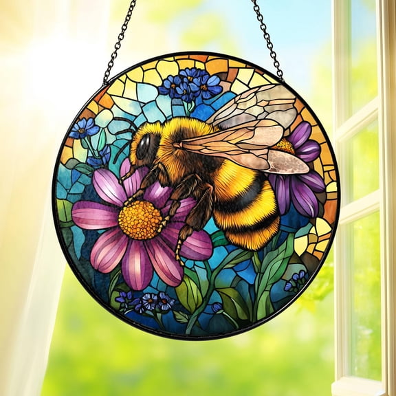 Bee Bumblebee Stained Glass Suncatcher Window Hanging Home Decor Floral Flowers