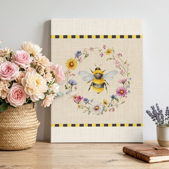 Bee Canvas Wall Art for Living Room, Insects Yellow Floral Wreath Pastoral Linen Texture Country Wall Decor Framed Artwork Pictures Ready to Hang for Bedroom Office Home Decor 8x10 Inch