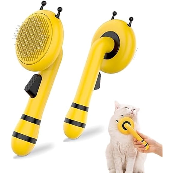 Bee Cat Brush, Self Cleaning Cat Brush with Release Button, Cat Hair Brush for Shedding, Pet Grooming Brush for Short and Long Haired Cats Dogs (Yellow)