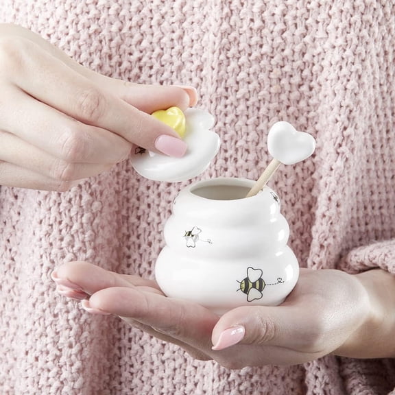 Bee Ceramic Mini Honey Pot with Wooden Honey Dipper (3.4 oz) Honey Jar, Bee Decor, White/Yellow