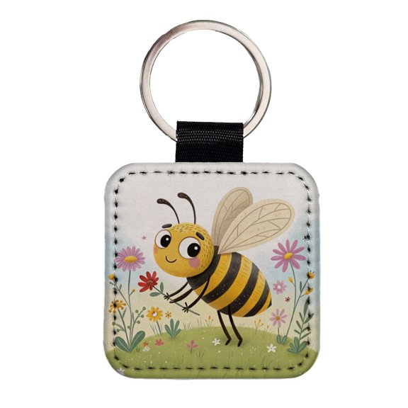 Bee Children's Illustration Style Faux Leather Square Keychain