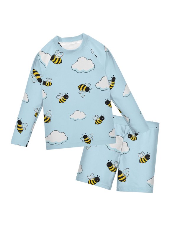 Bee Cloud Pattern Boys' Bathing Suit UPF 50+ Boys' Rash Guard Sets Stretchy Quick Dry 3T-10T