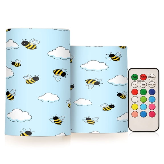 Bee Cloud Pattern Flameless LED Candle Set with Remote, Battery Operated Color Changing Pillar Candles, Set of 2