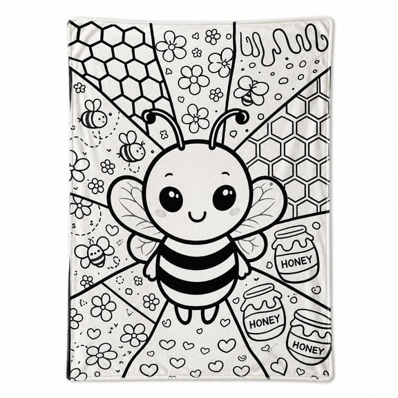 Bee Coloring Style Fleece Blanket, 280 GSM Polyester Throw Blanket