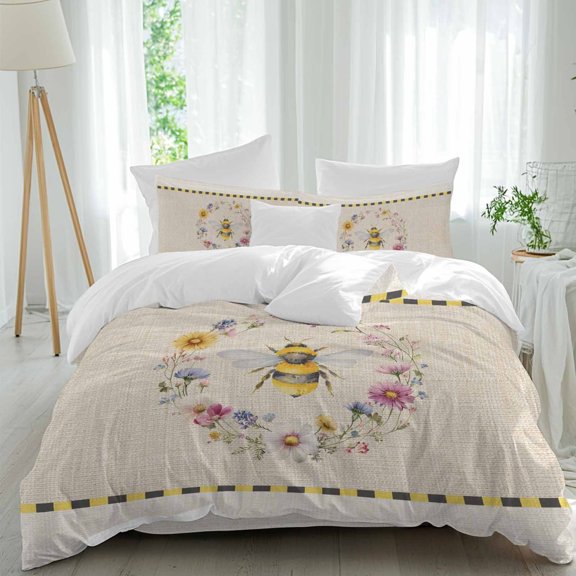 Bee Comforter Set Queen Size, Insects Yellow Floral Wreath Pastoral Linen Texture Country Soft Bedding Set for Man Woman, 4 Pieces Duvet Cover Set with Fitted Sheet, 2 Pillowcases